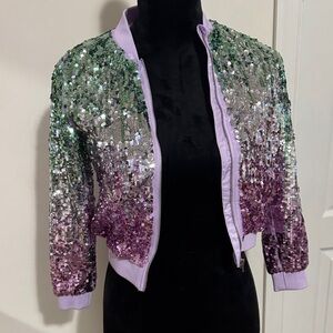 H&M Sequin Ombre Bomber Jacket in Green and Purple with Lavender Trim